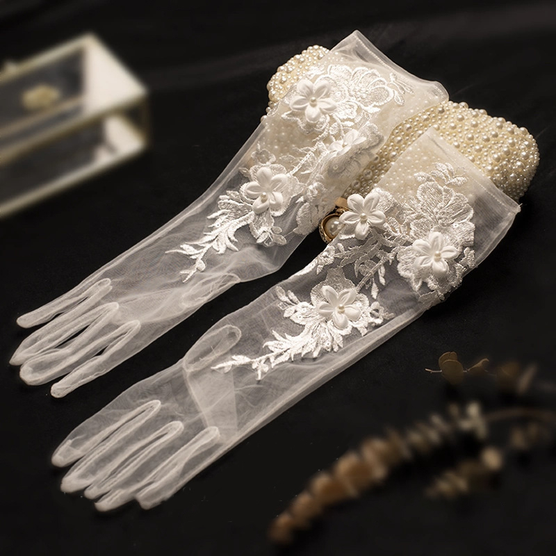 String Of Pearls Plant - White Bridal Mesh Embroidered Long Gloves